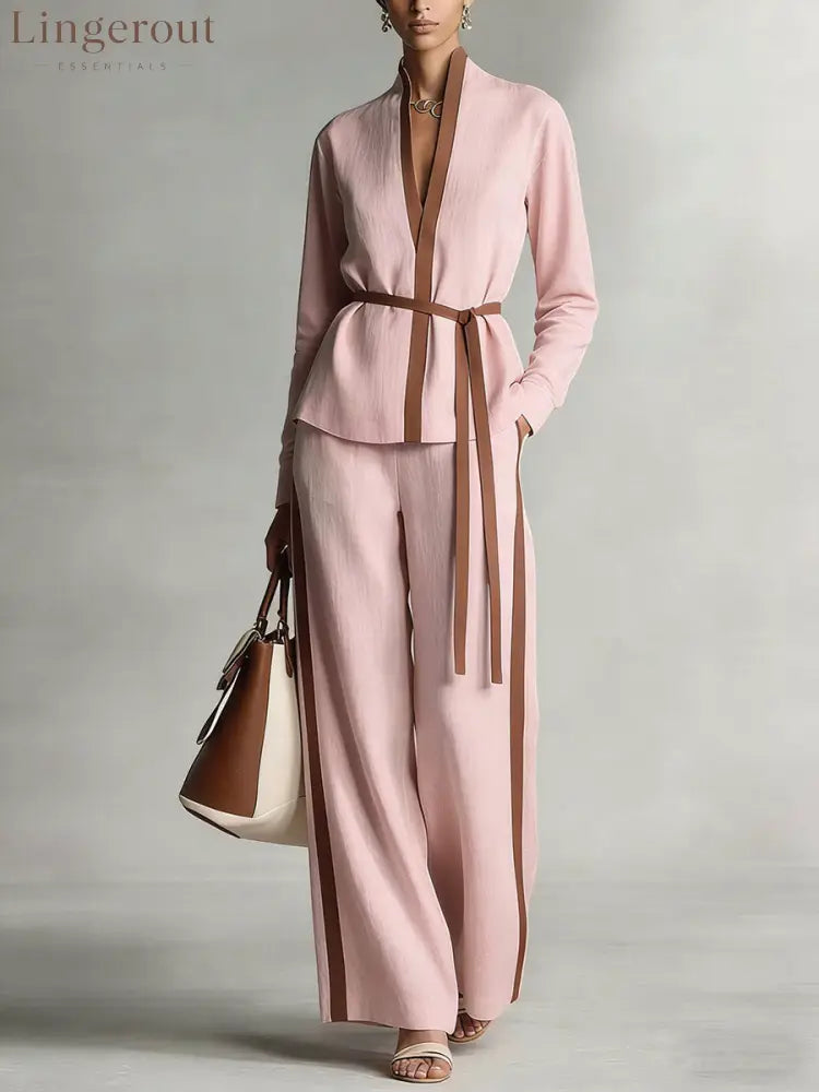 Women’s Stand Collar Long Sleeve Casual Loose Top High Waist Casual Loose Wide Leg Pants Cotton Linen Set - Pink / S