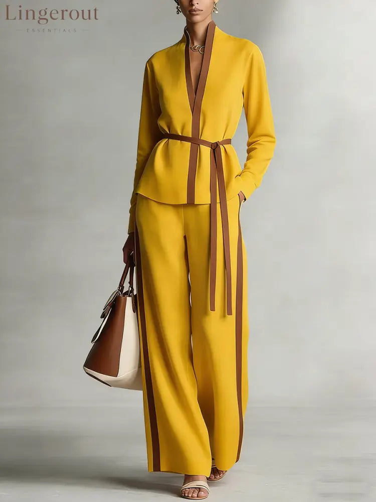 Women’s Stand Collar Long Sleeve Casual Loose Top High Waist Casual Loose Wide Leg Pants Cotton Linen Set - Yellow / S