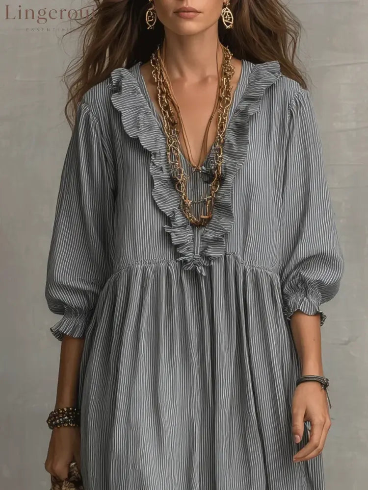 Women’s Striped Art Print Casual Stylish Ruffled Vacation Maxi Dress