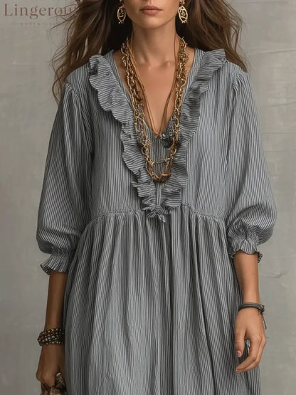 Women’s Striped Art Print Casual Stylish Ruffled Vacation Maxi Dress