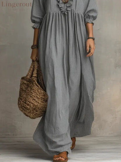 Women’s Striped Art Print Casual Stylish Ruffled Vacation Maxi Dress
