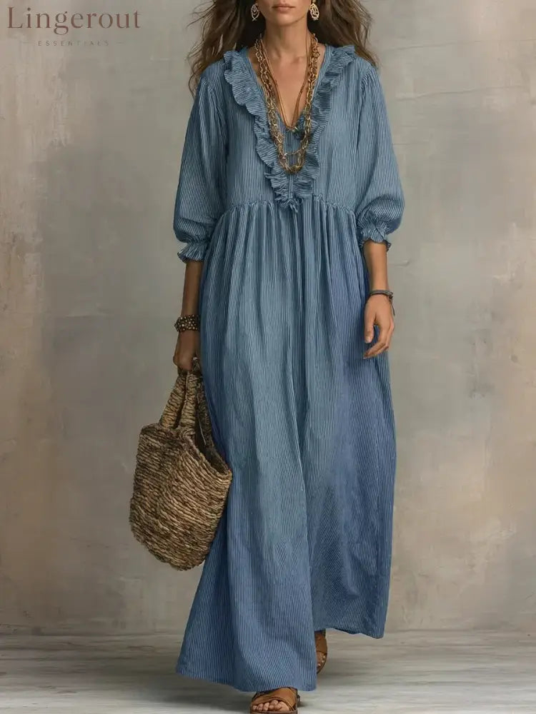 Women’s Striped Art Print Casual Stylish Ruffled Vacation Maxi Dress - Blue / S