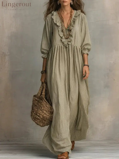 Women’s Striped Art Print Casual Stylish Ruffled Vacation Maxi Dress - Khaki / S