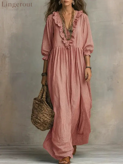 Women’s Striped Art Print Casual Stylish Ruffled Vacation Maxi Dress - Red / S