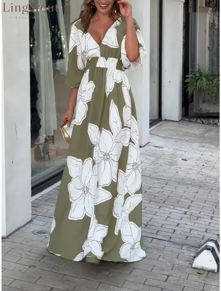 Women’s Summer Casual Boho Dress Floral V Neck Tassel Bohemian Midi Dresses - green / S