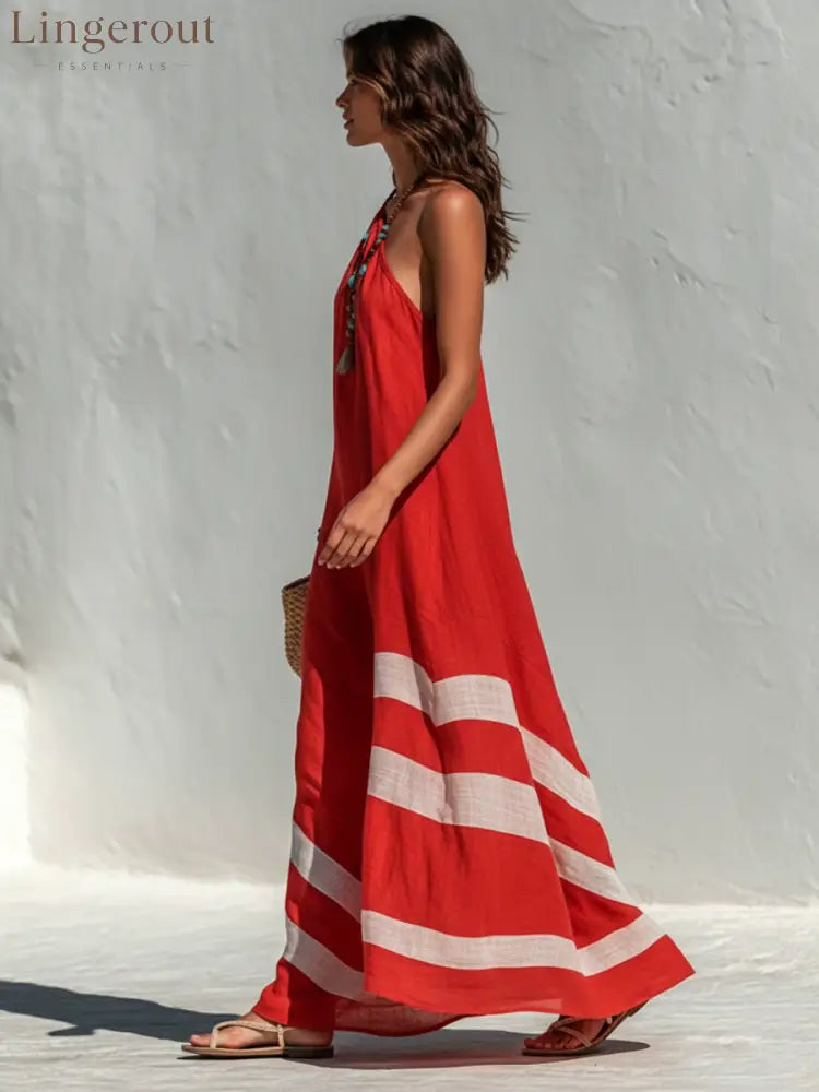 Women’s Vacation-Style Cotton-Linen Color-Block One-Shoulder Loose Maxi Dress