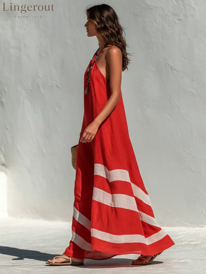 Women’s Vacation-Style Cotton-Linen Color-Block One-Shoulder Loose Maxi Dress