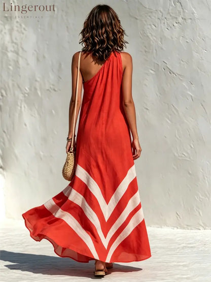 Women’s Vacation-Style Cotton-Linen Color-Block One-Shoulder Loose Maxi Dress