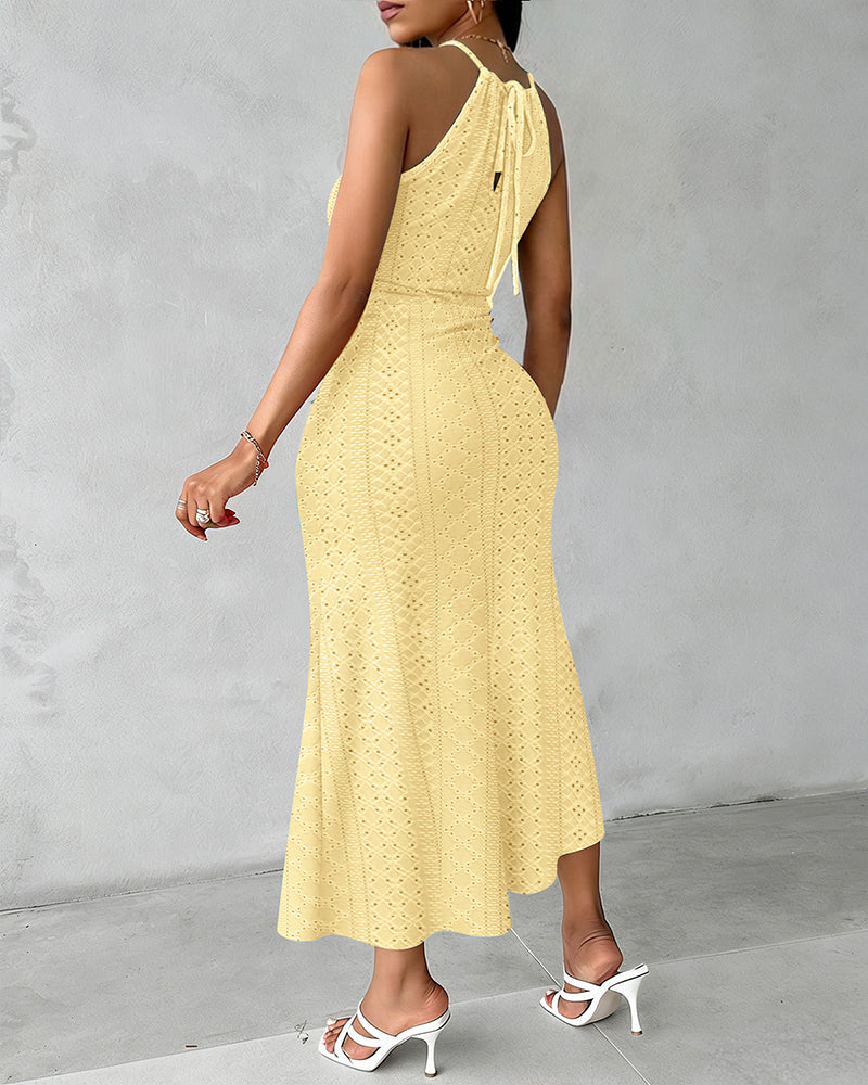 Robe décontractée à col licou, nouée, croisée devant, en jacquard tricoté texturé avec fente, robe de vacances drapée ajourée