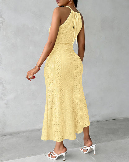 Robe décontractée à col licou, nouée, croisée devant, en jacquard tricoté texturé avec fente, robe de vacances drapée ajourée