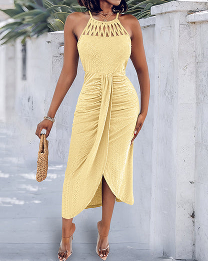 Robe décontractée à col licou, nouée, croisée devant, en jacquard tricoté texturé avec fente, robe de vacances drapée ajourée