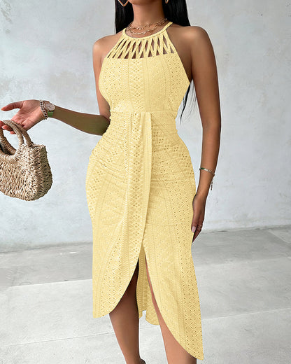 Robe décontractée à col licou, nouée, croisée devant, en jacquard tricoté texturé avec fente, robe de vacances drapée ajourée