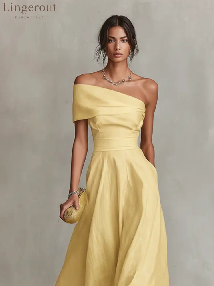 Yellow Linen Dress With One-Shoulder Neckline & Fitted Waist