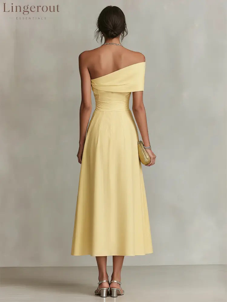 Yellow Linen Dress With One-Shoulder Neckline & Fitted Waist