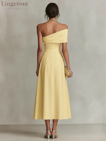 Yellow Linen Dress With One-Shoulder Neckline & Fitted Waist
