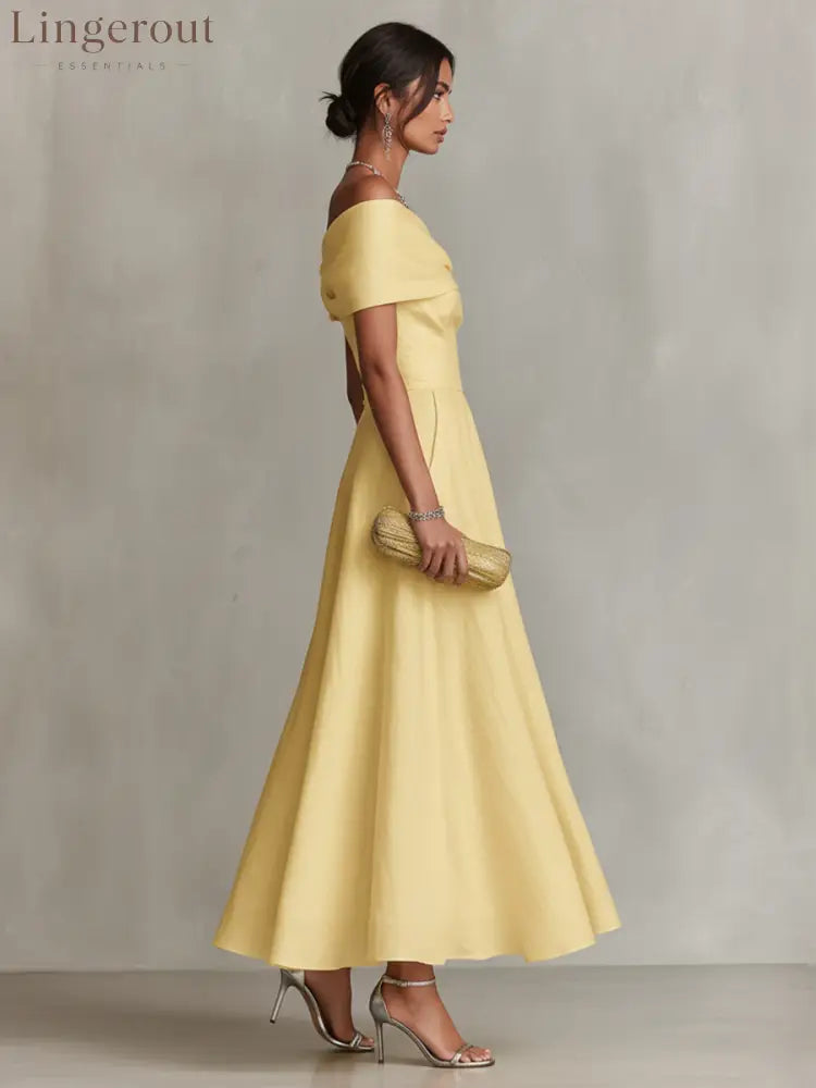 Yellow Linen Dress With One-Shoulder Neckline & Fitted Waist