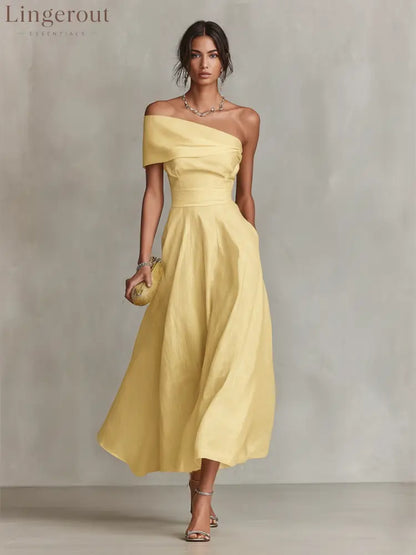 Yellow Linen Dress With One-Shoulder Neckline & Fitted Waist