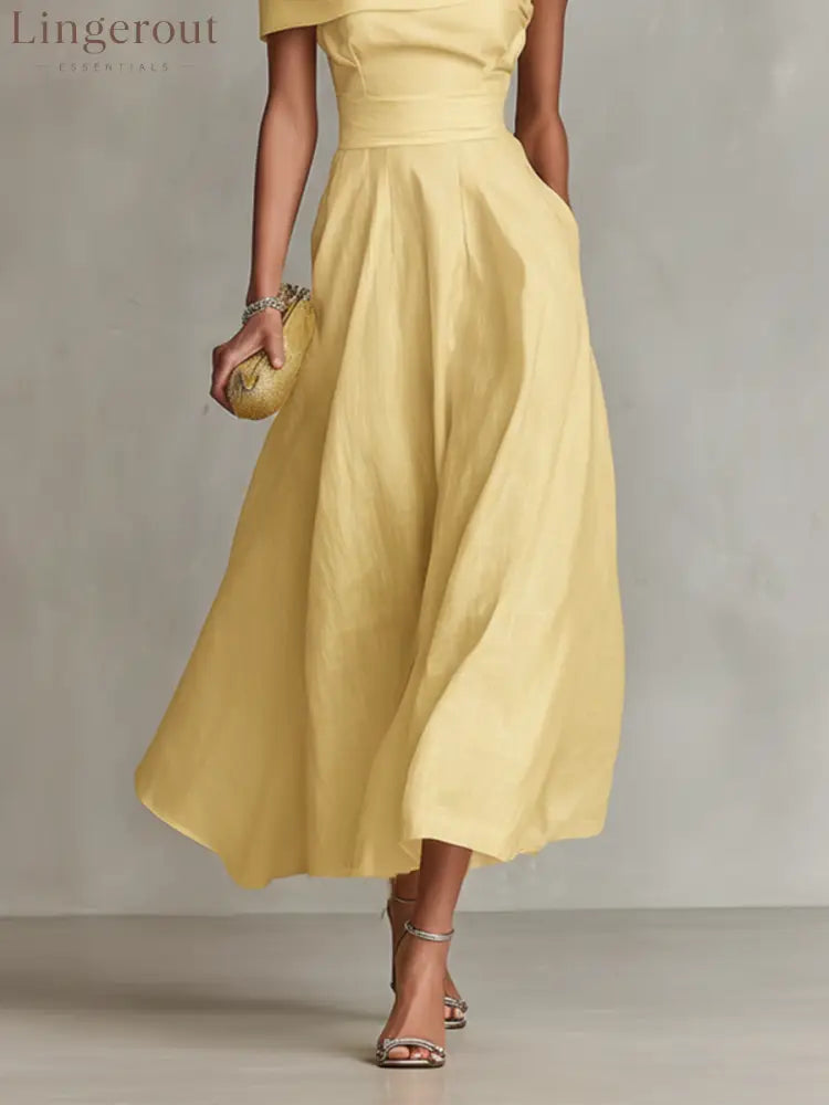 Yellow Linen Dress With One-Shoulder Neckline & Fitted Waist