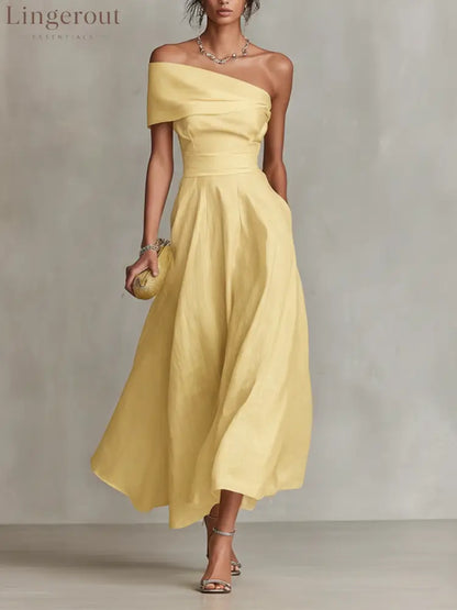 Yellow Linen Dress With One-Shoulder Neckline & Fitted Waist - Yellow / XS